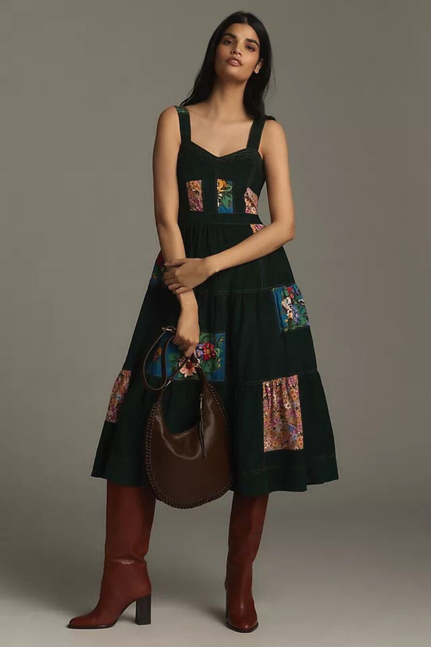 New NWT Anthropologie x Maeve Patchwork Corduroy Midi Dress Green Size S